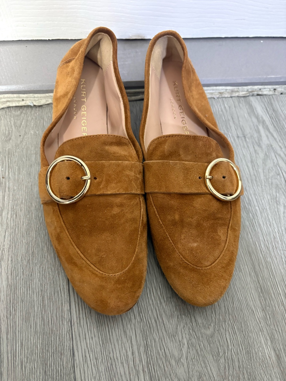 Kurt Geiger Cognac Suede Loafers with Gold Ring Detail